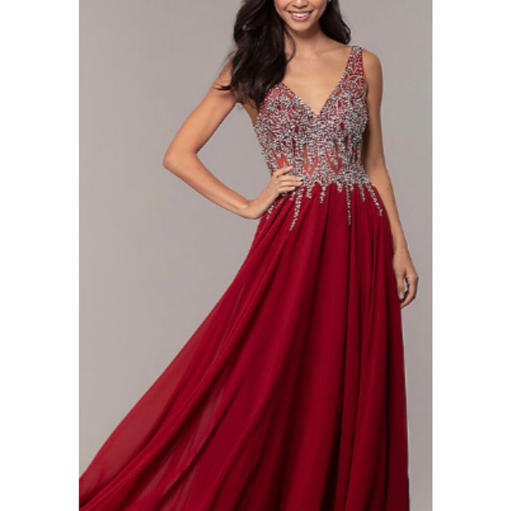 Dancing Queen Red Jewel Ornate Illusion Bodice Chiffon Prom Dress, Size S